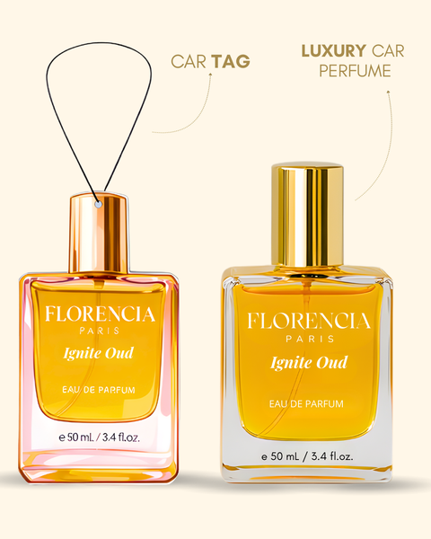 Florencia Ignite Oud – 1 Car Tags + 1 Perfume Bottle (Rich, smoky, and intensely royal)